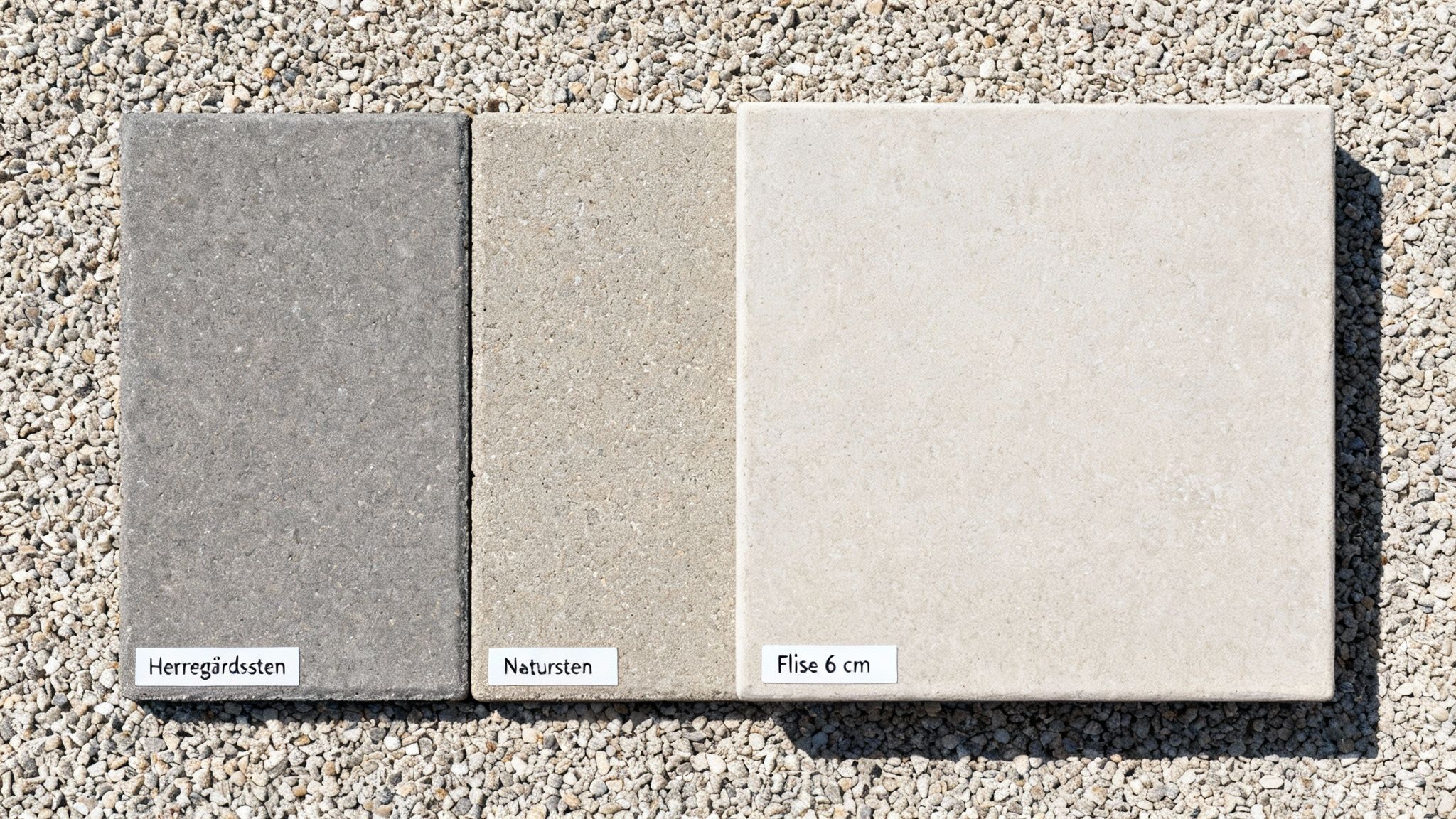 Tre forskellige belægningssten på grus: grå herregårdssten, natursten og en lys flise på 6 cm, ideel til indkørsel.