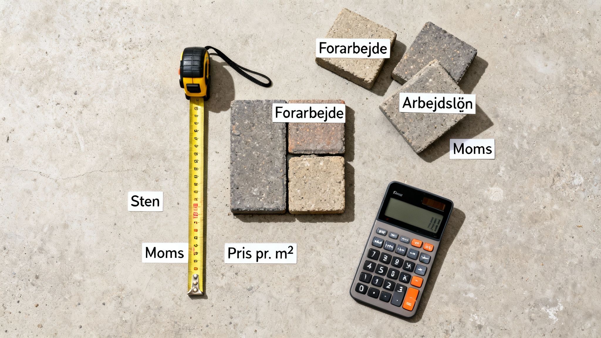 Oversigt over brolægningsomkostninger: sten, forarbejde, arbejdsløn, moms og pris pr. m² med målebånd og lommeregner.