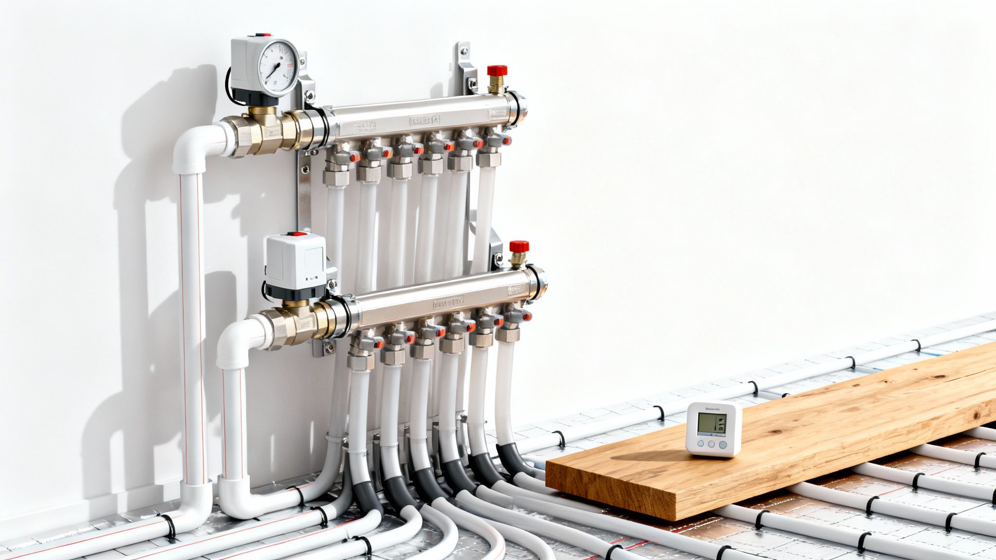 Gulvvarmesystem med fordeler og rørinstallation monteret på en hvid væg, digital termostat på gulvet.