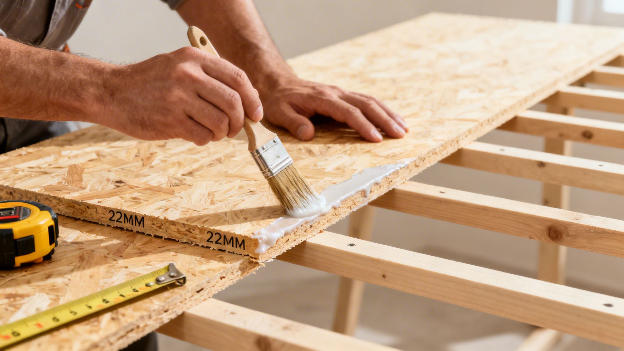Mand påfører lim med pensel på en 22mm træplade, der lægges på en træramme.