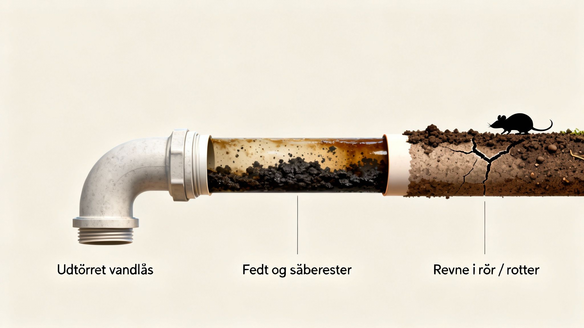 En illustration af et kloaksystem med problemer: udtørret vandlås, fedt og sæberester, samt revne i rør med rotter.