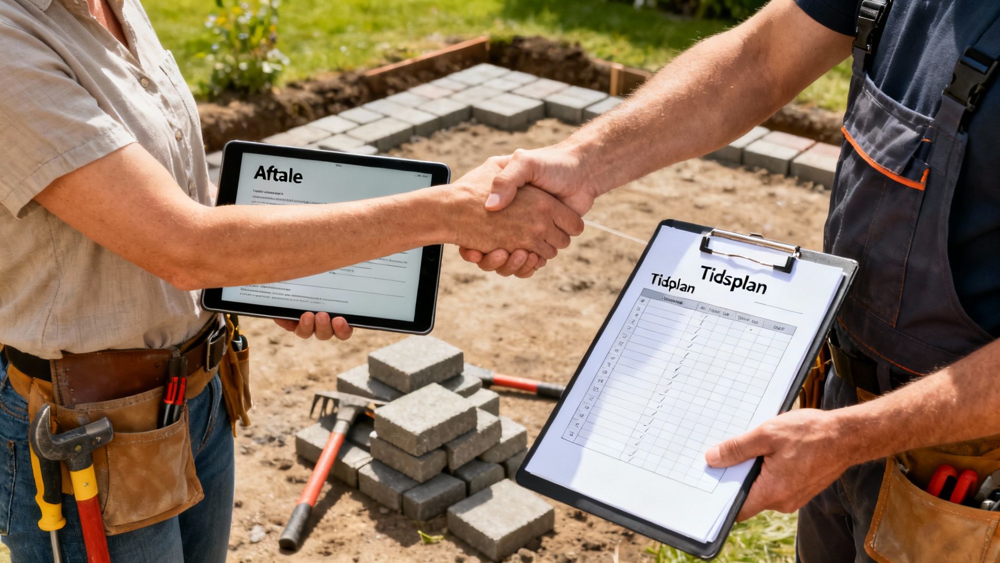To personer giver hånd på en byggeplads, med en tablet "Aftale" og et udkast til "Tidsplan".