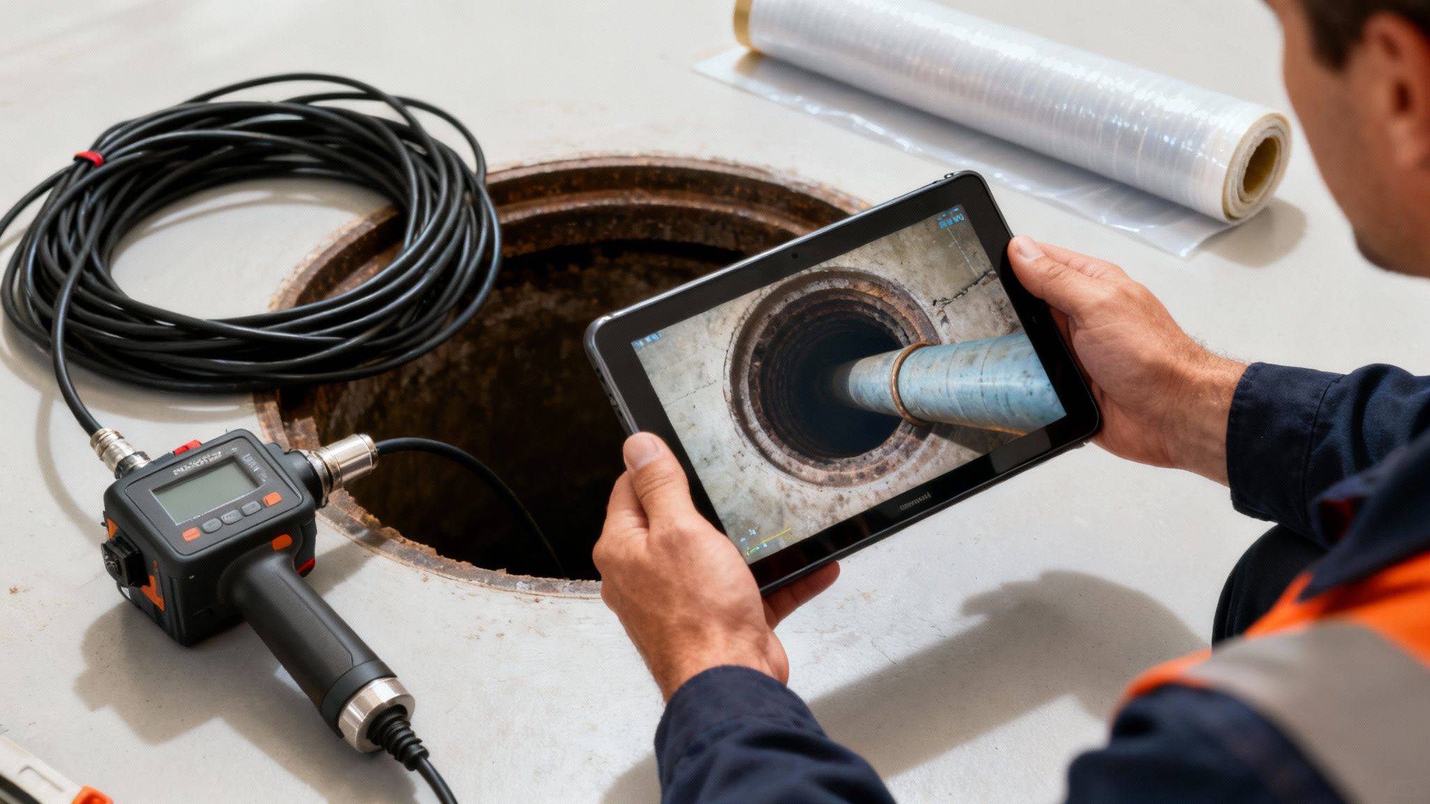 Mand inspicerer kloakrør med kamera og tablet, viser live feed af rørinspektion.