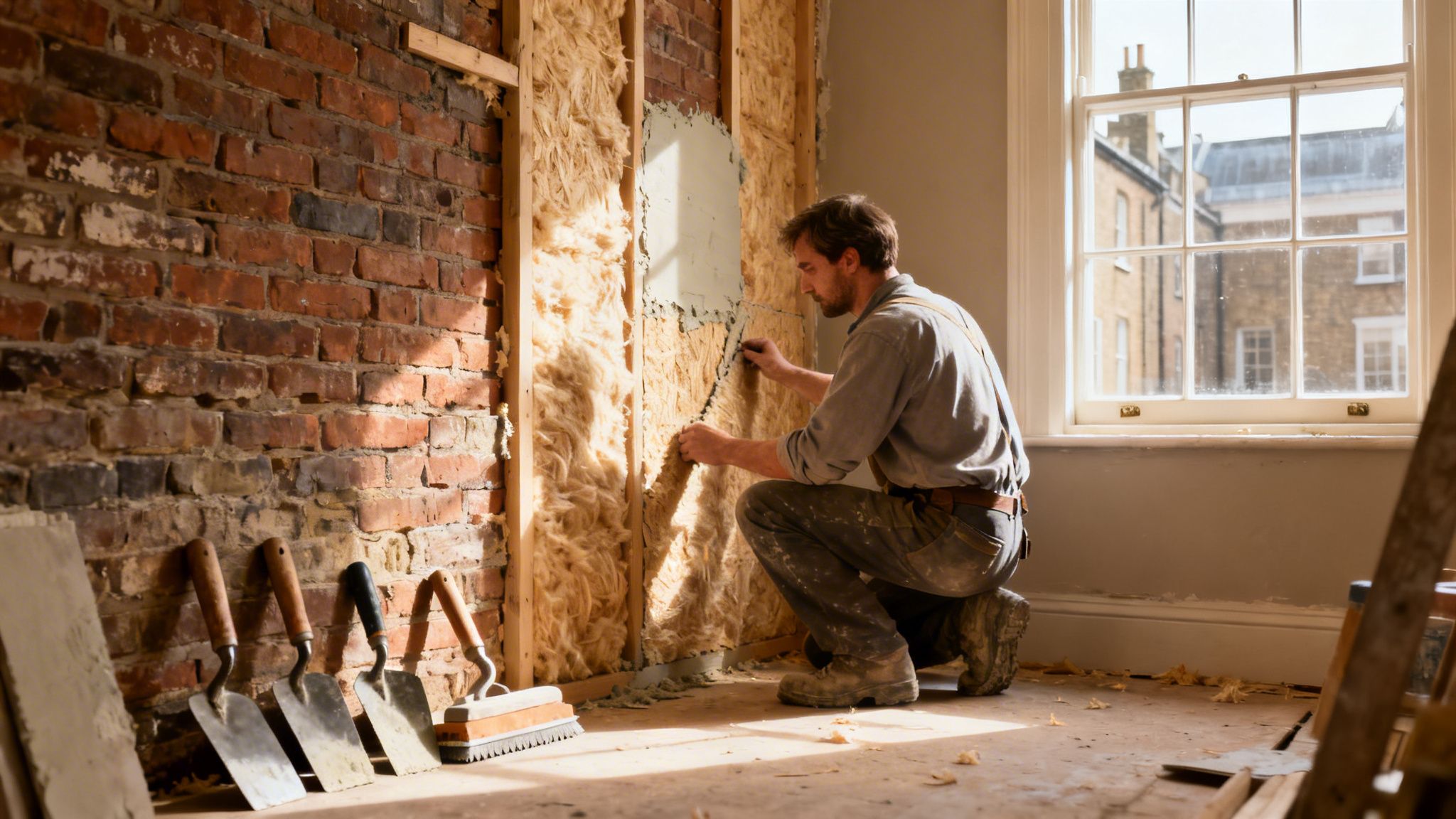 En mand installerer isolering i en væg med blotlagte mursten, mens værktøj ligger på gulvet.