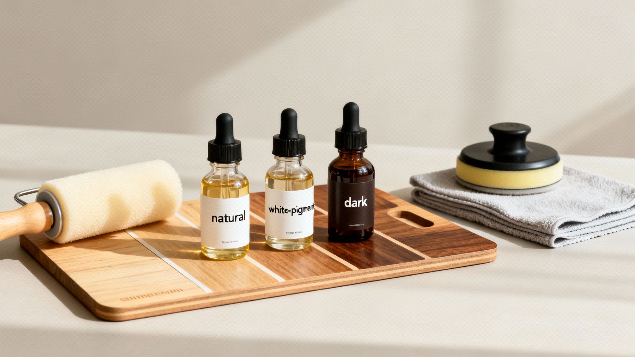 Tre flasker træolie (natural, hvidpigmenteret, mørk) på et træbræt med påføringsredskaber.