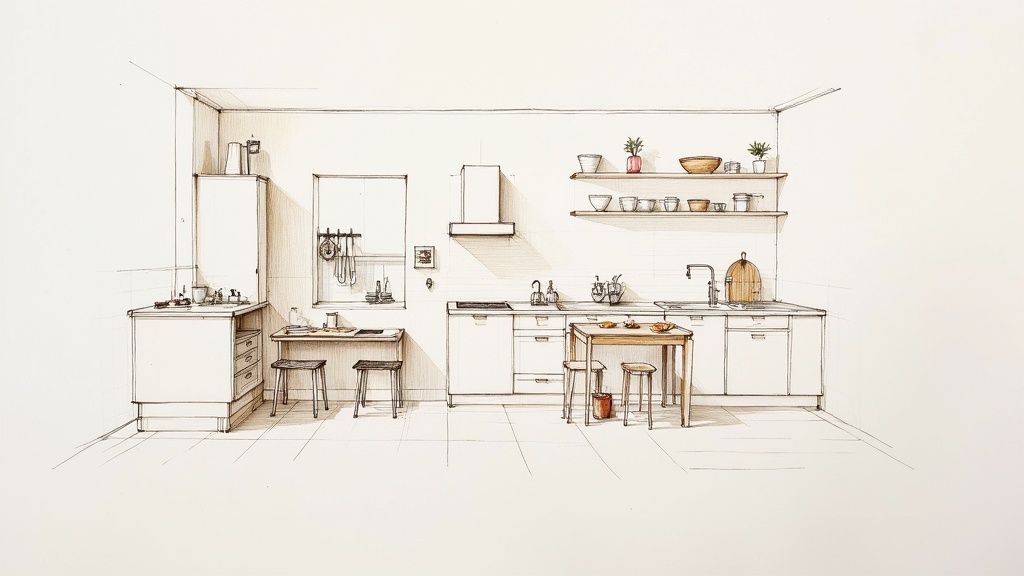 Detaljeret skitse af et moderne køkkeninteriør med køkkenø, skabe, hylder og spiseplads med taburetter.