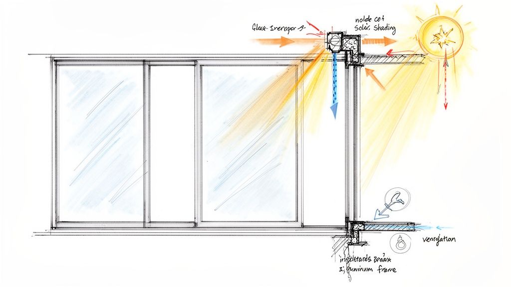 Arkitekttegning af bygningsfacade med skydedøre, solafskærmning og ventilation, der viser dagslys og luftstrømme.