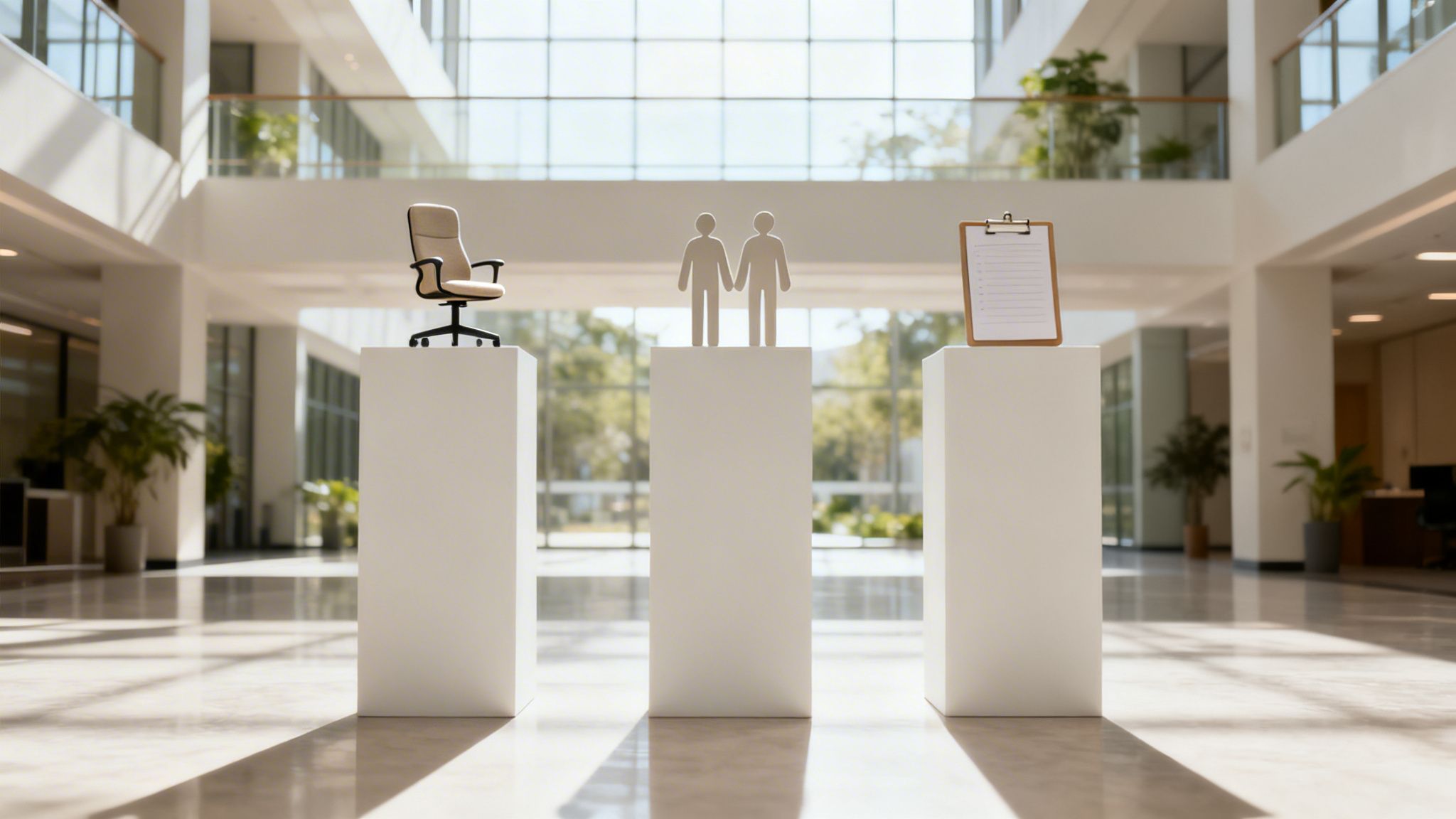 Elementer af arbejdsmiljø: kontorstol, menneskefigurer og checkliste på piedestaler i kontor.