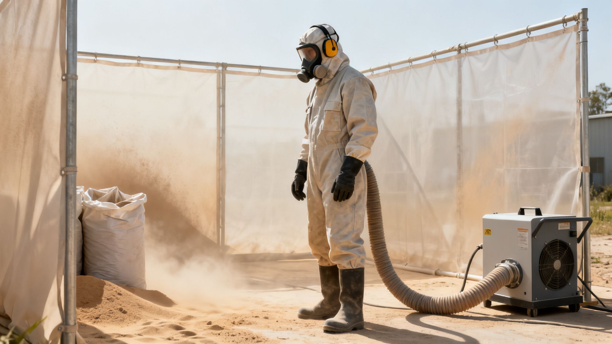 En person i beskyttelsesdragt og gasmaske arbejder i et støvet sandmiljø med en udsugningsmaskine.