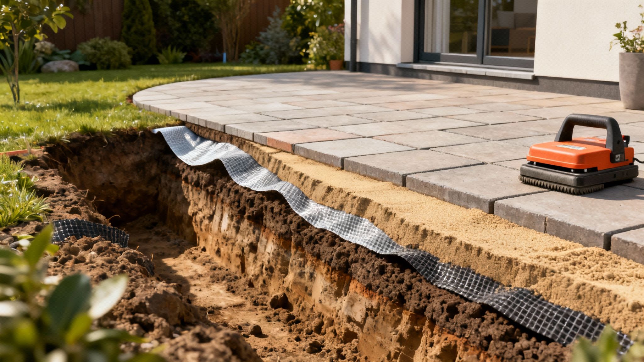 Udgravning og komprimering af fundamentet til en ny terrasse