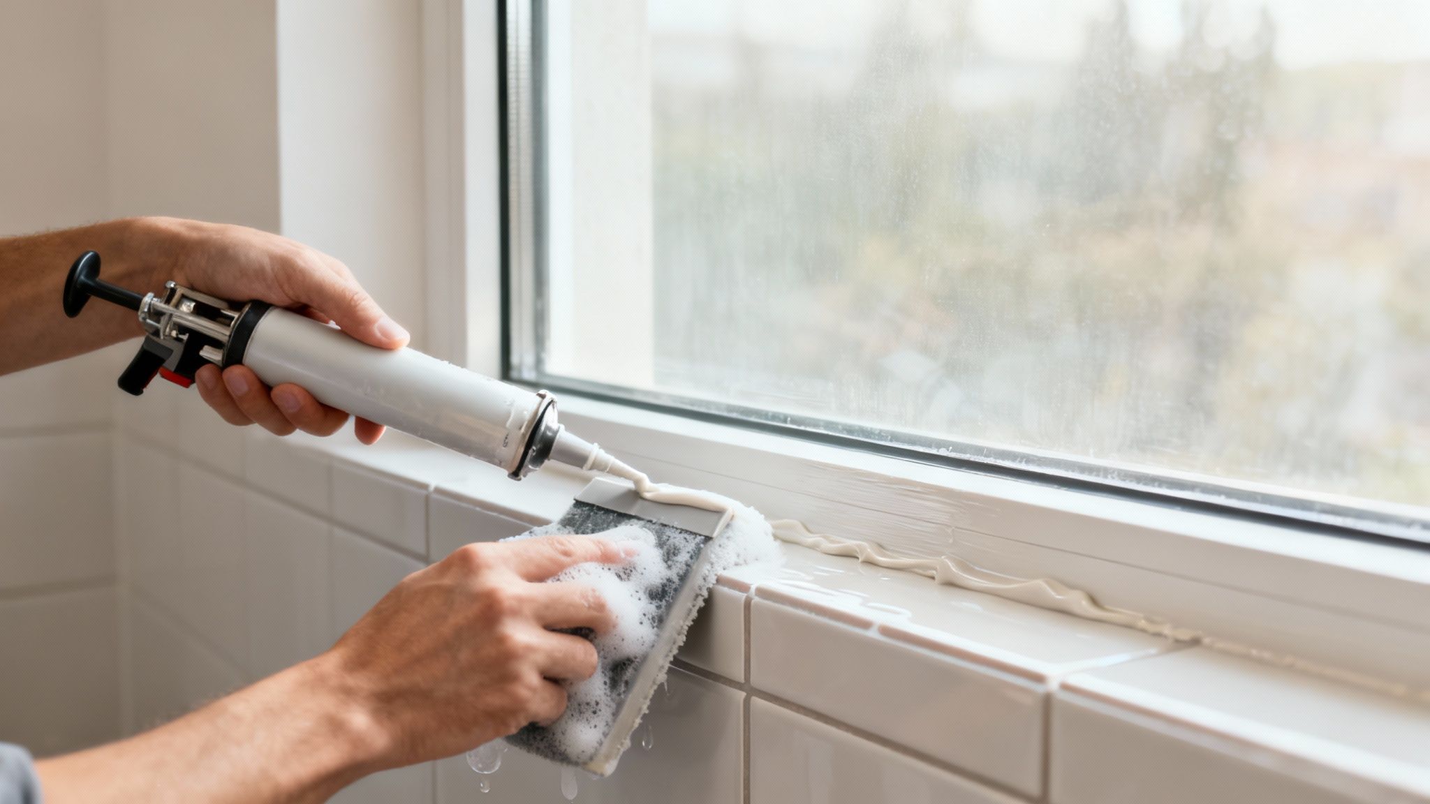 En tømrer glatter en nylagt fuge med en fugepind