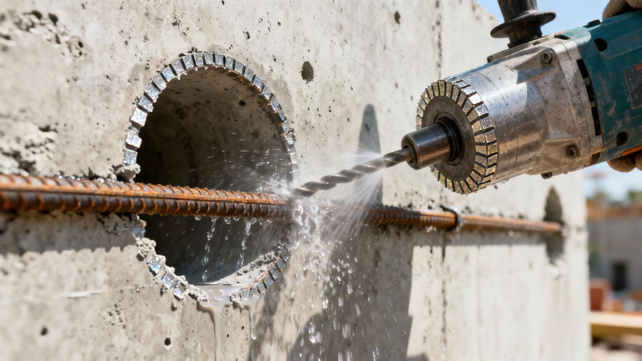 En person kerneborer et hul i en betonvæg med armeringsjern ved hjælp af et diamantbor og vandkøling.