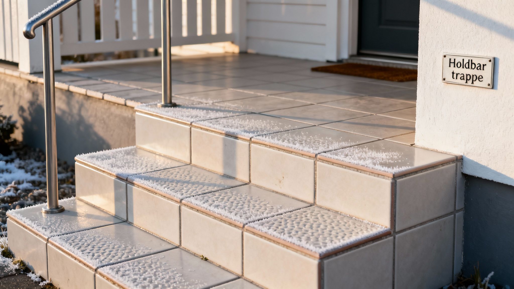 Udvendig trappe med klinker dækket af frost, et gelænder og en husindgang i sollys.