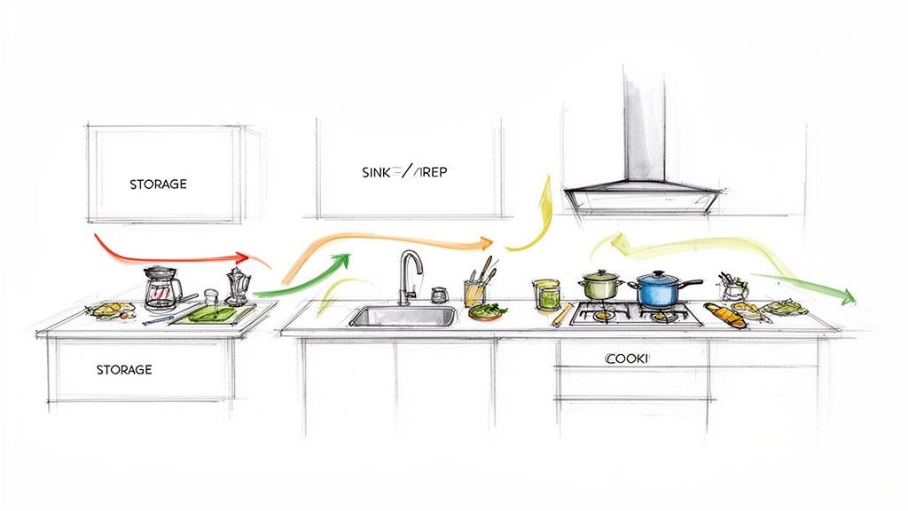 Skematisk tegning af et køkkenarbejdsflow med opbevaring, vask, forberedelse og madlavning, illustreret med pile.