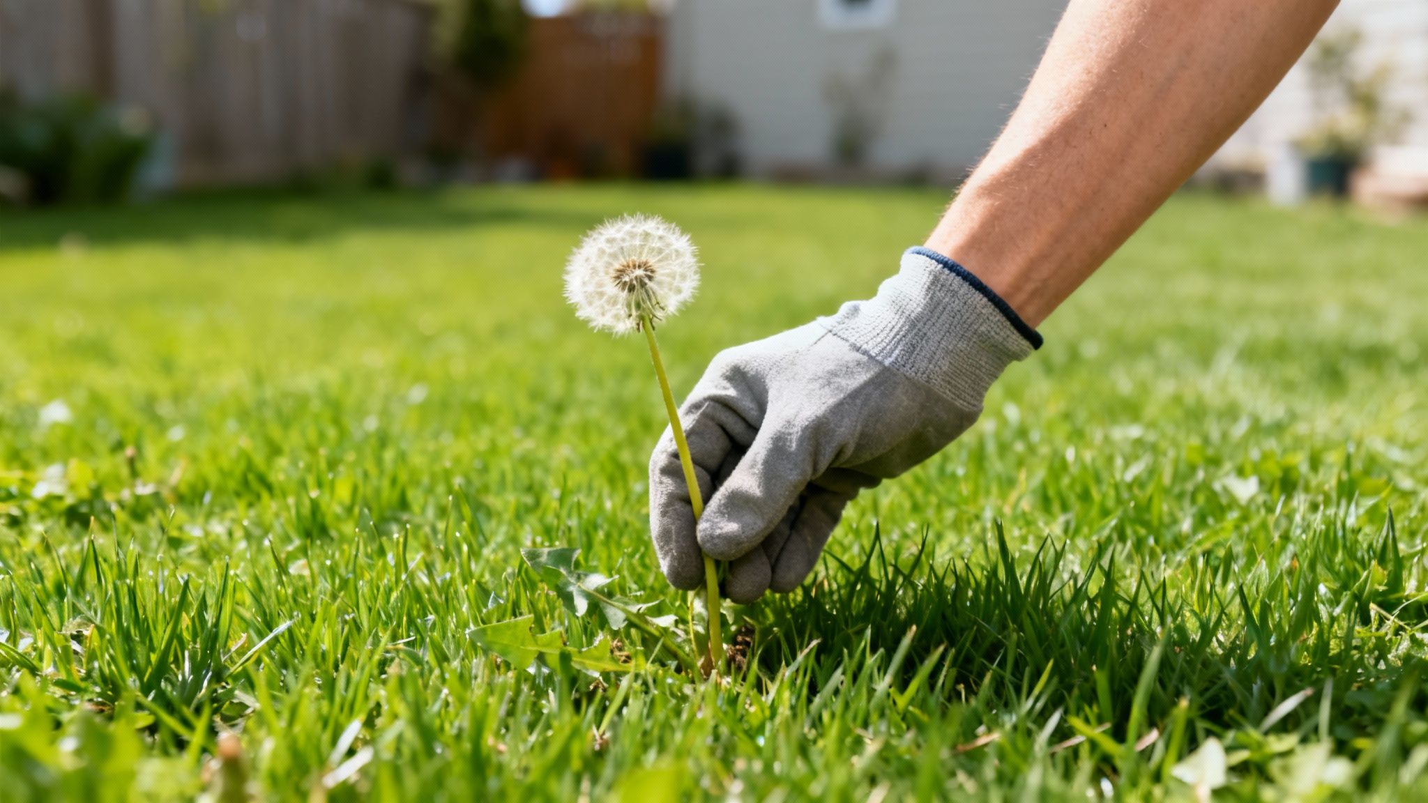 Hånd med havehandske fjerner mælkebøtte ukrudt fra grøn græsplæne i haven