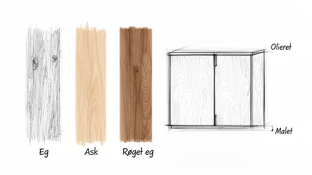 Illustration af forskellige træsorter: eg, ask og røget eg, samt en skitse af et skab som olieret og malet.