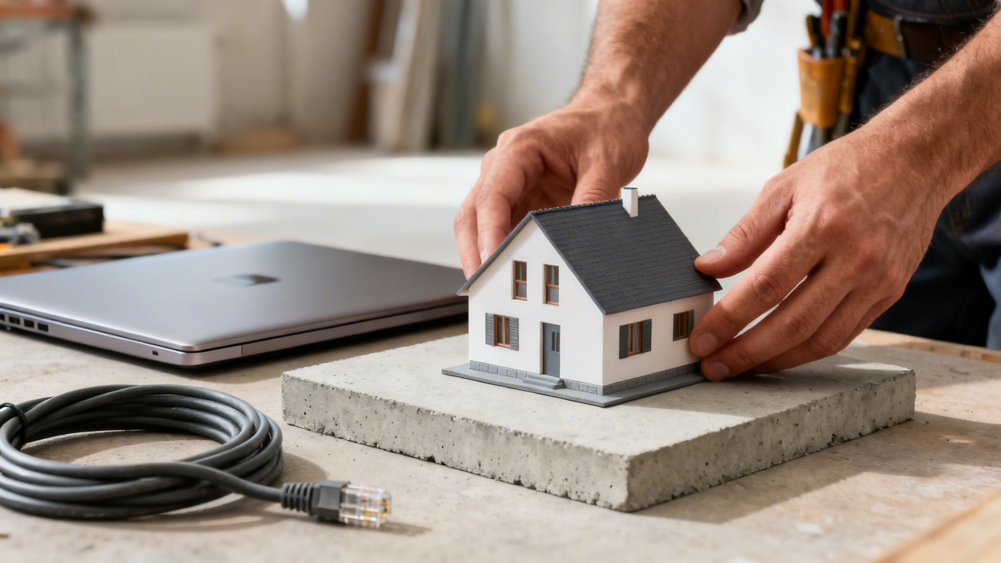 Hænder placerer modelhus på betonplade ved siden af bærbar computer og netværkskabel.