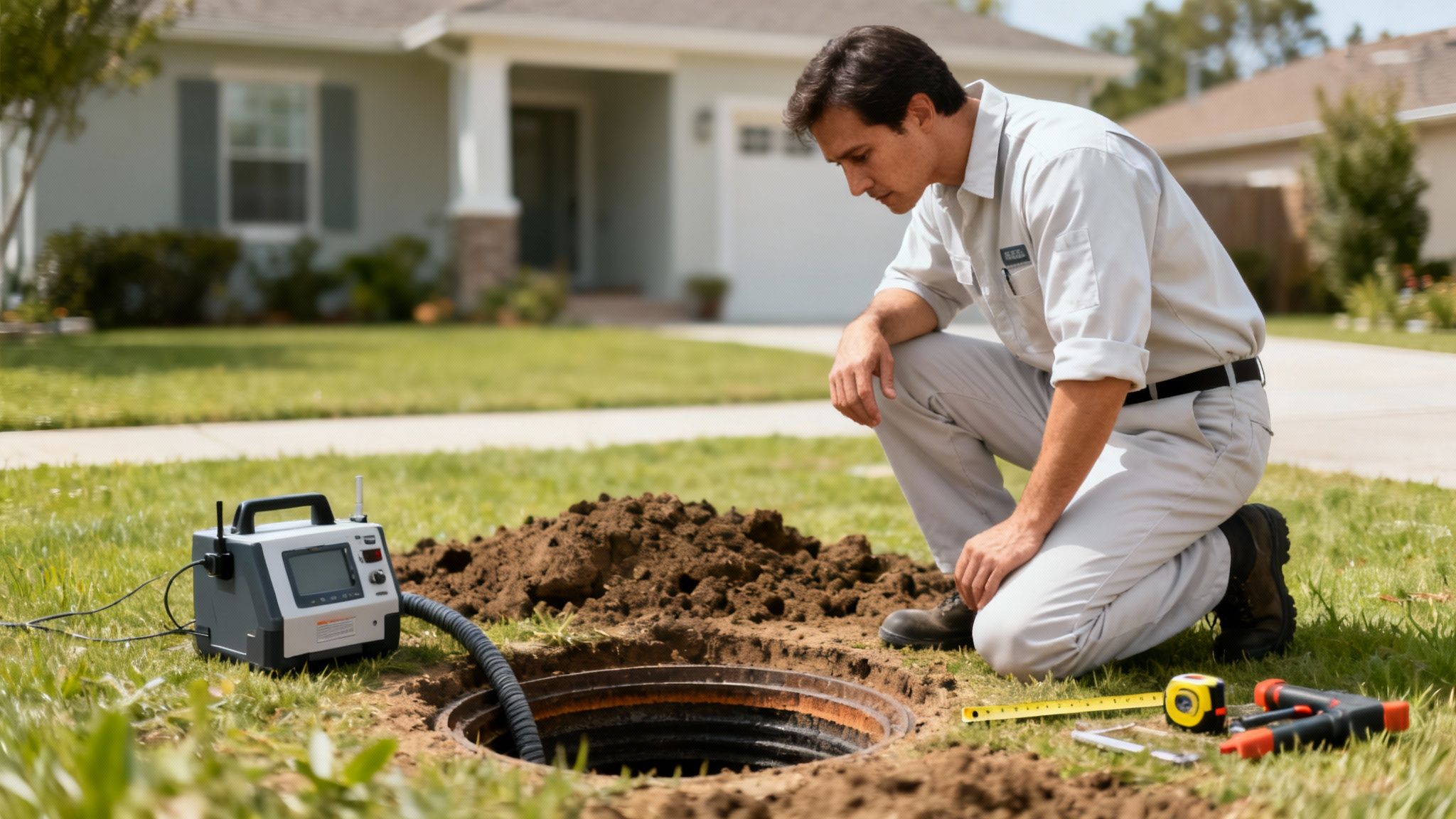Tekniker knæler ved åbent kloakdæksel på græsplæne. Udstyr og værktøj bruges til kloakinspektion foran hus.