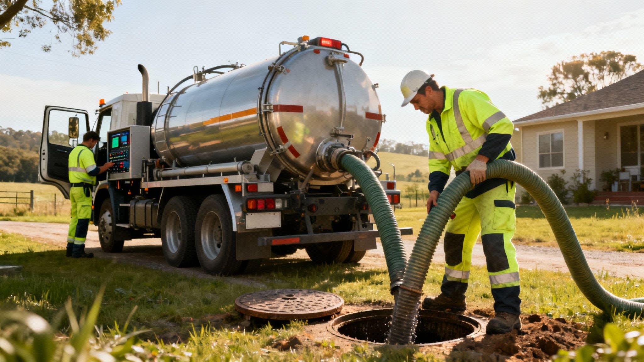 To arbejdere tømmer en septiktank med en stor lastbil i et landligt område.