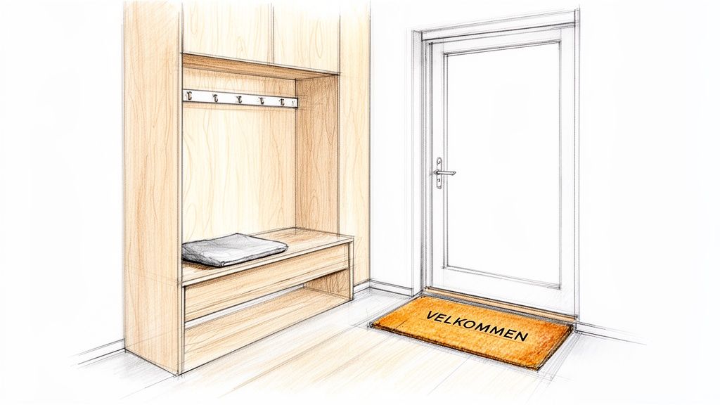 Skitseret entré med træopbevaringsbænk, knagerække og Velkommen-måtte ved indgangsdøren.