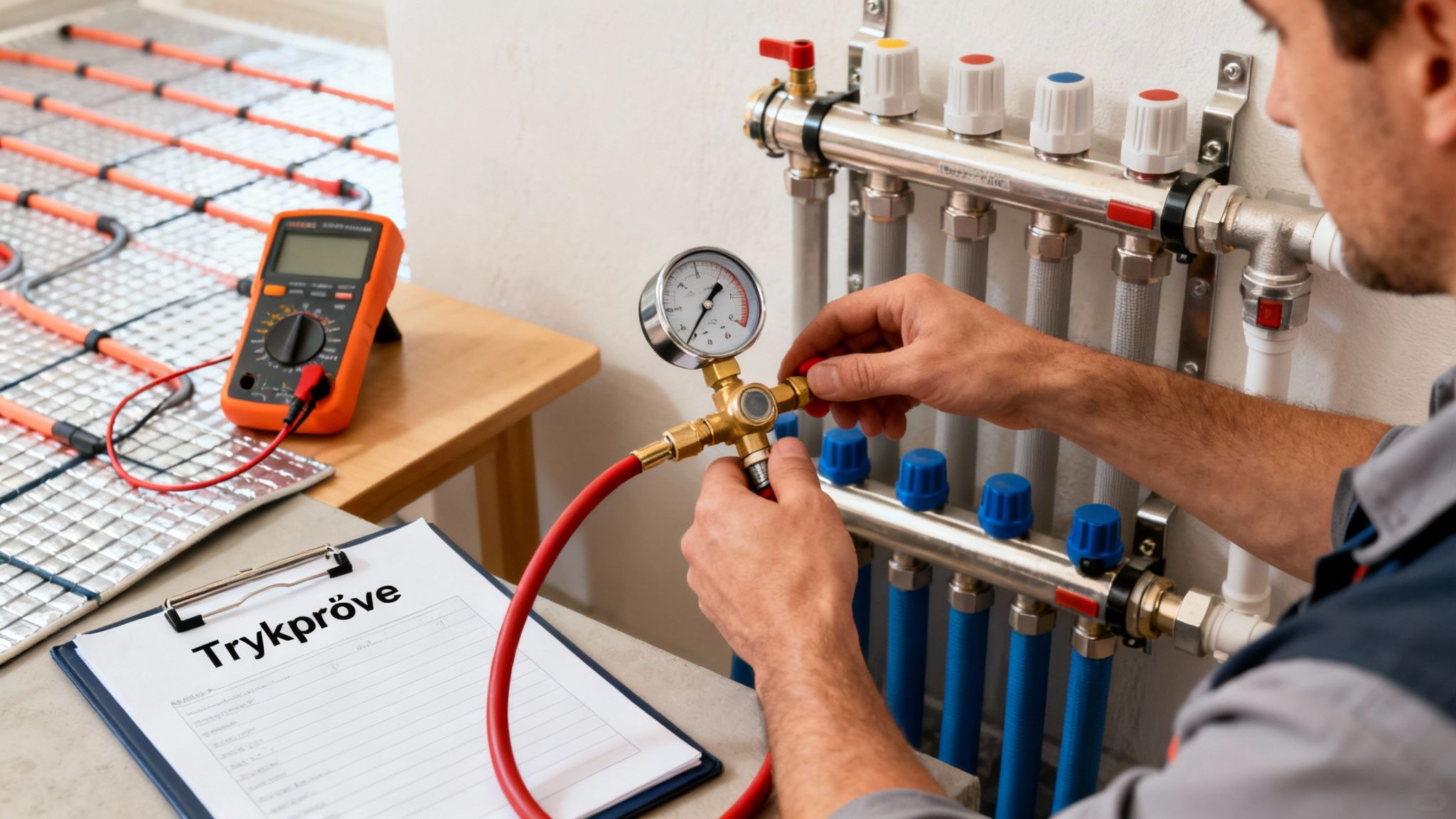 En installatør trykprøver et gulvvarmesystem med manometer og multimeter ved en varmefordeler.