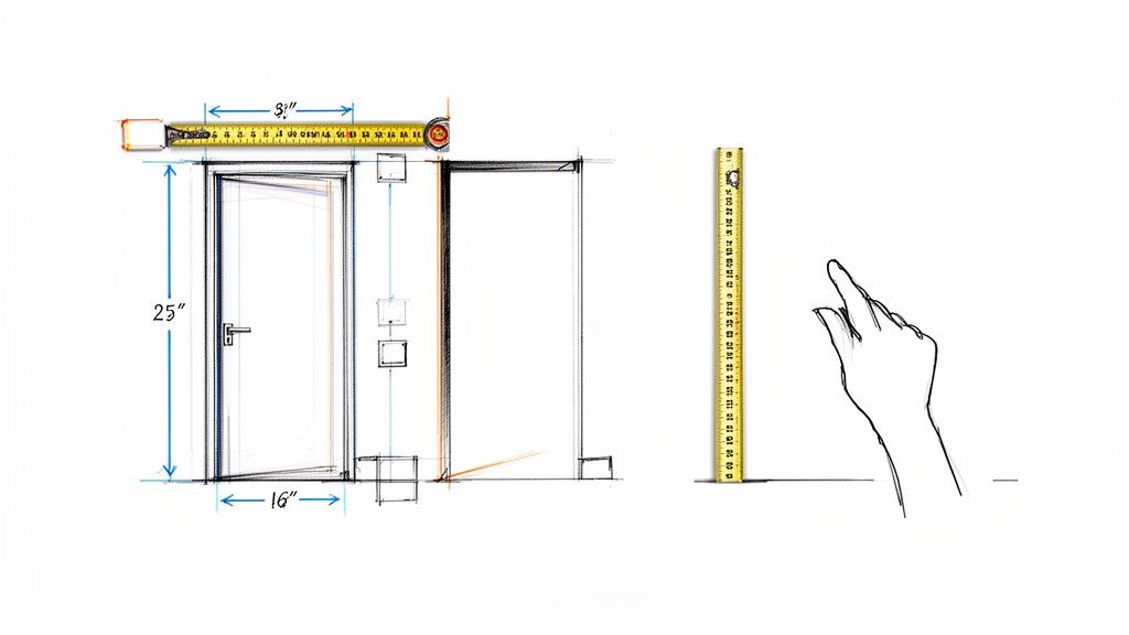 Skematisk tegning af en dør med tydelige målinger for bredde og højde, inklusiv målebånd og en pegende hånd.