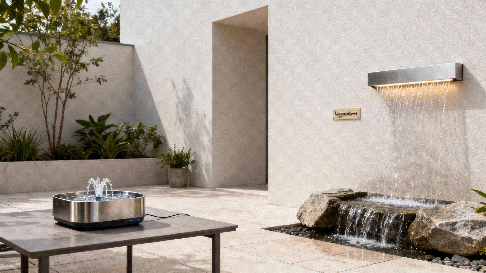 Udendørs terrasse med moderne vandfontæne på bord og en vægmonteret vandfaldsfunktion med stenbassin.
