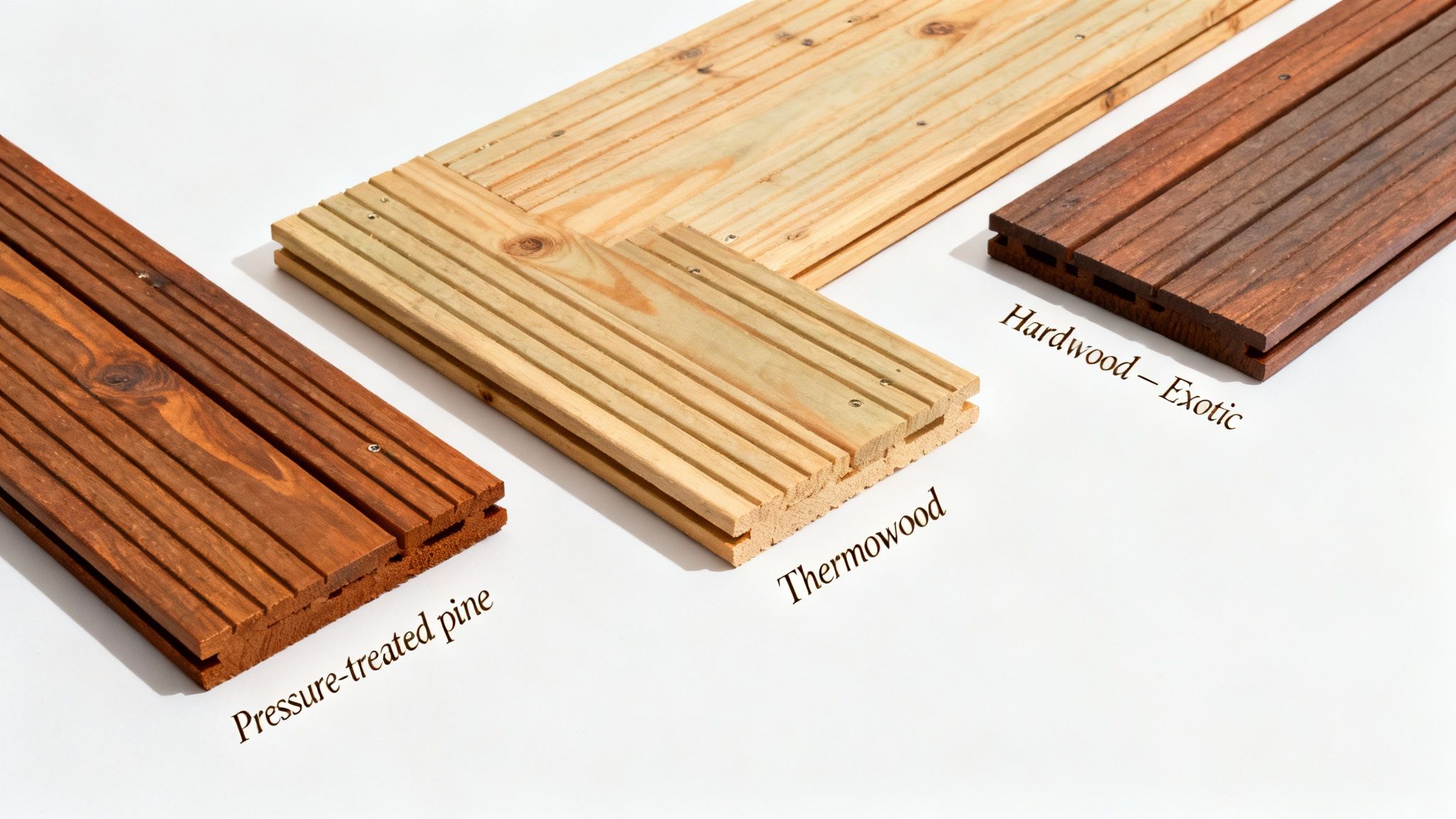 En række forskellige træprøver til en terrasse