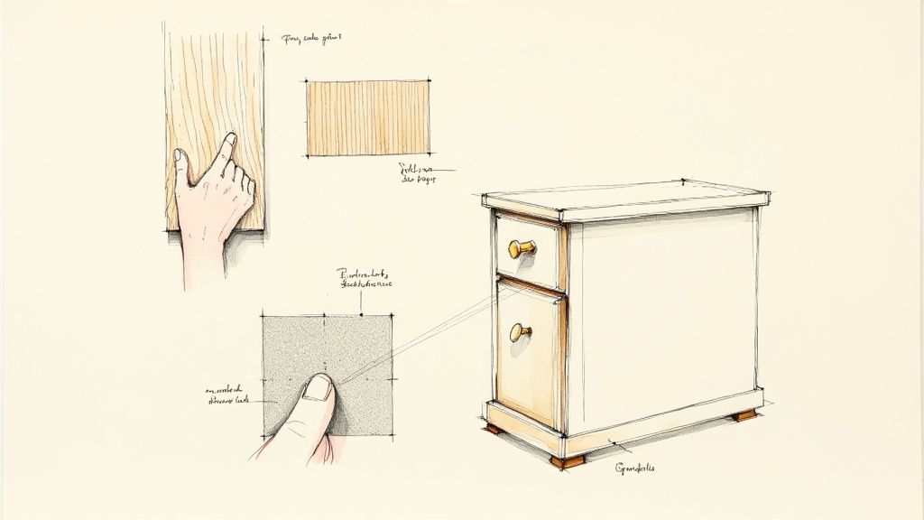 Illustration af møbelfremstilling med hænder, der rører ved træ og sandpapir, samt et færdigt natbord.
