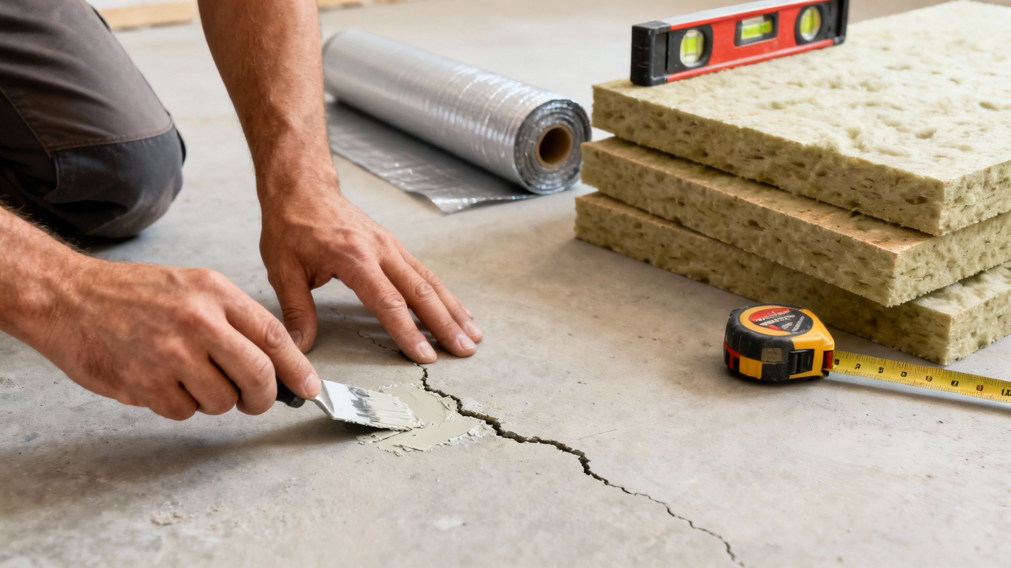 Nærbillede af en person, der fylder en revne i et betongulv, med gulvvarme materialer i baggrunden.