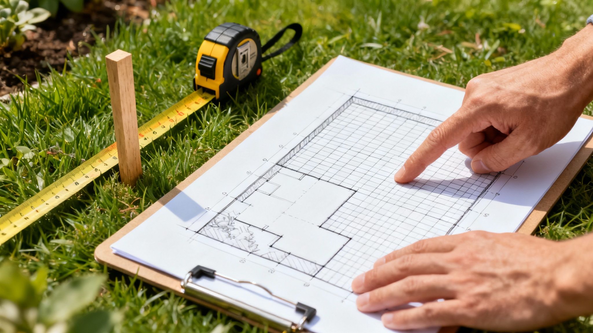 Person peger på terrasse tegning med målebånd og træpæl på græs til bygge selv projekt