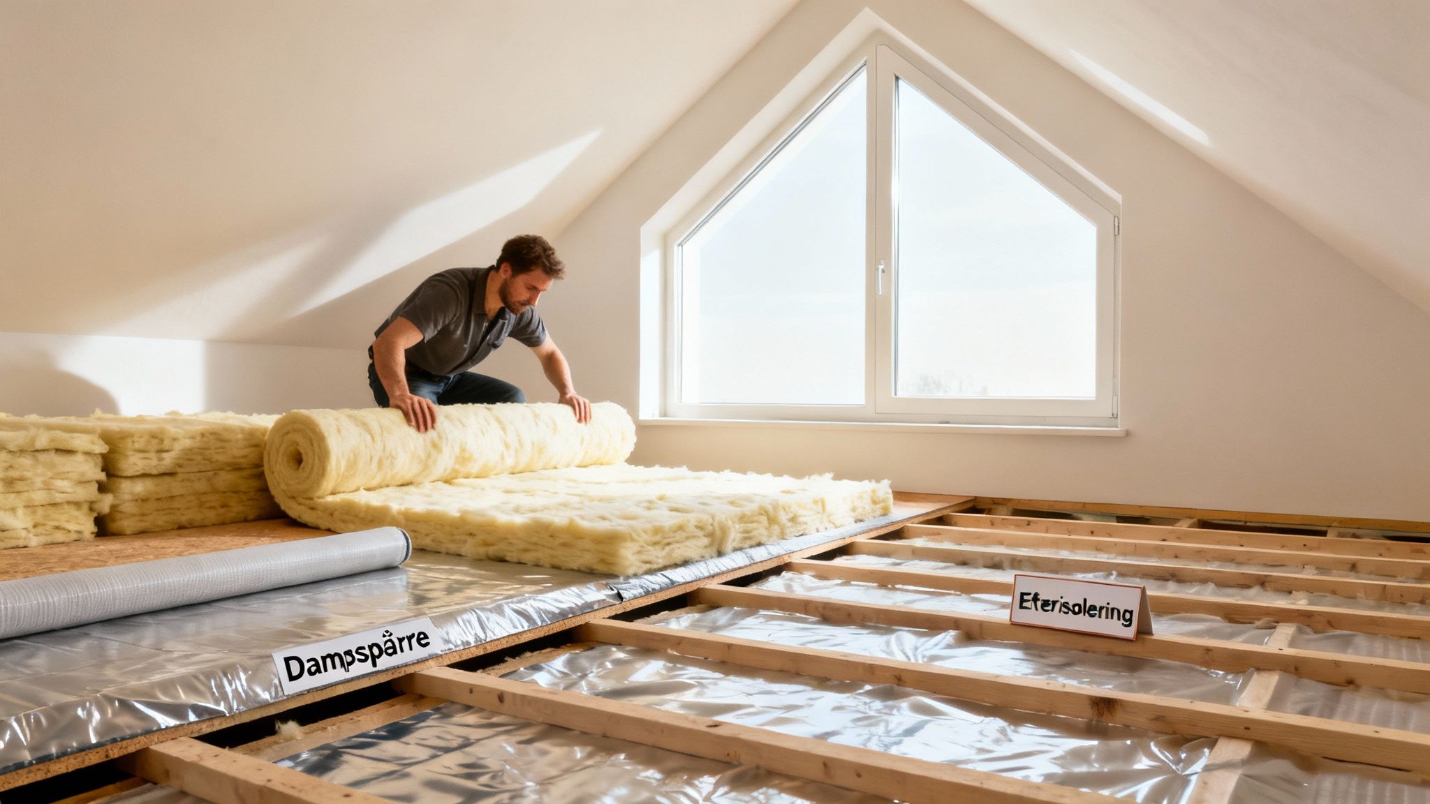 Mand lægger isolering og dampspærre på et loftsgulv under renovering, med et stort vindue i baggrunden.