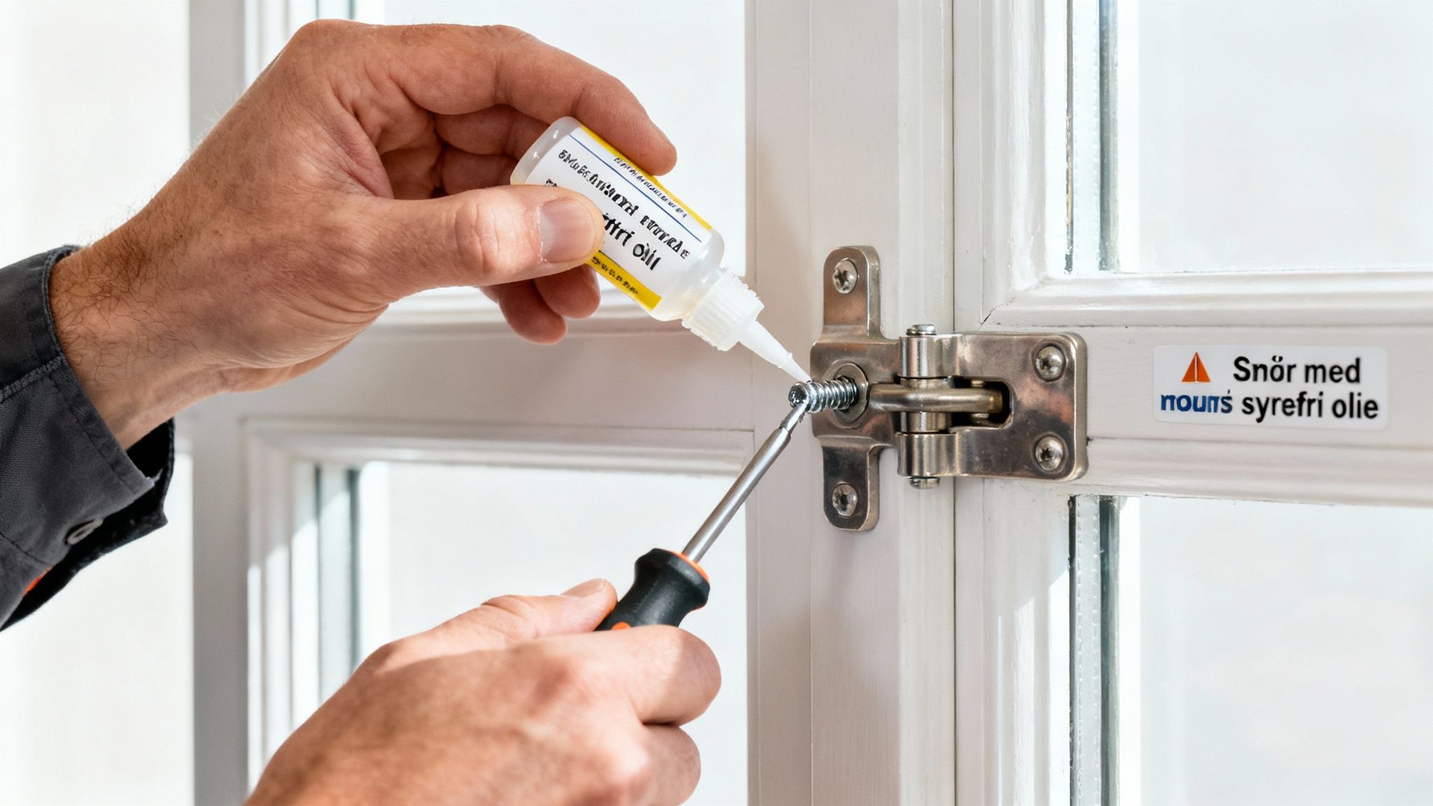 En person smører en vindueshasp med syrefri olie og en skruetrækker for vedligeholdelse.