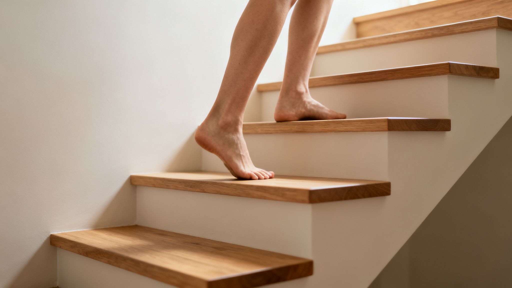En person går barfodet op ad en lys trappe med trætrin og hvide vanger.