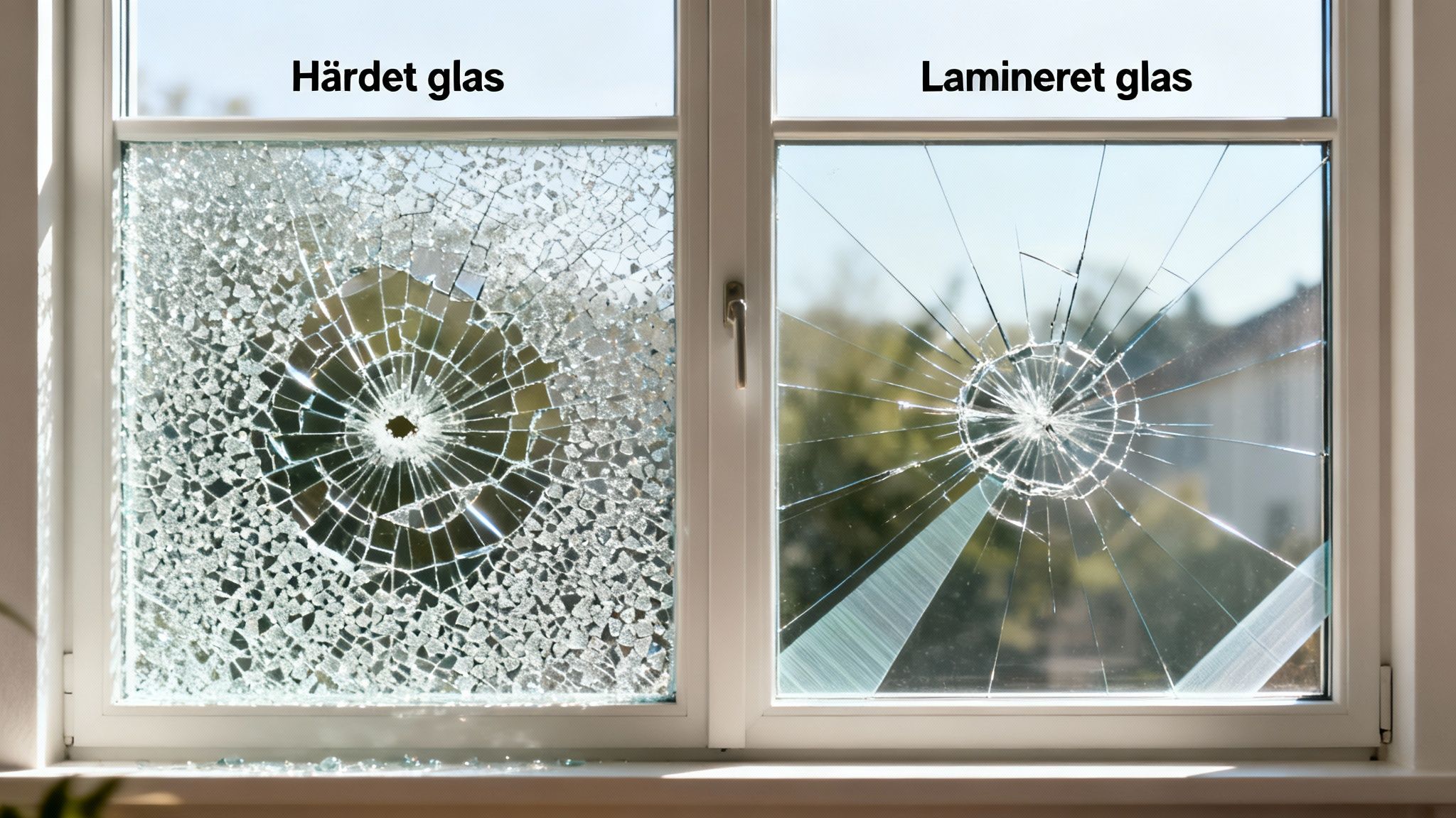 To ødelagte vinduer viser forskellen mellem hærdet og lamineret glas med forskellige brudmønstre.