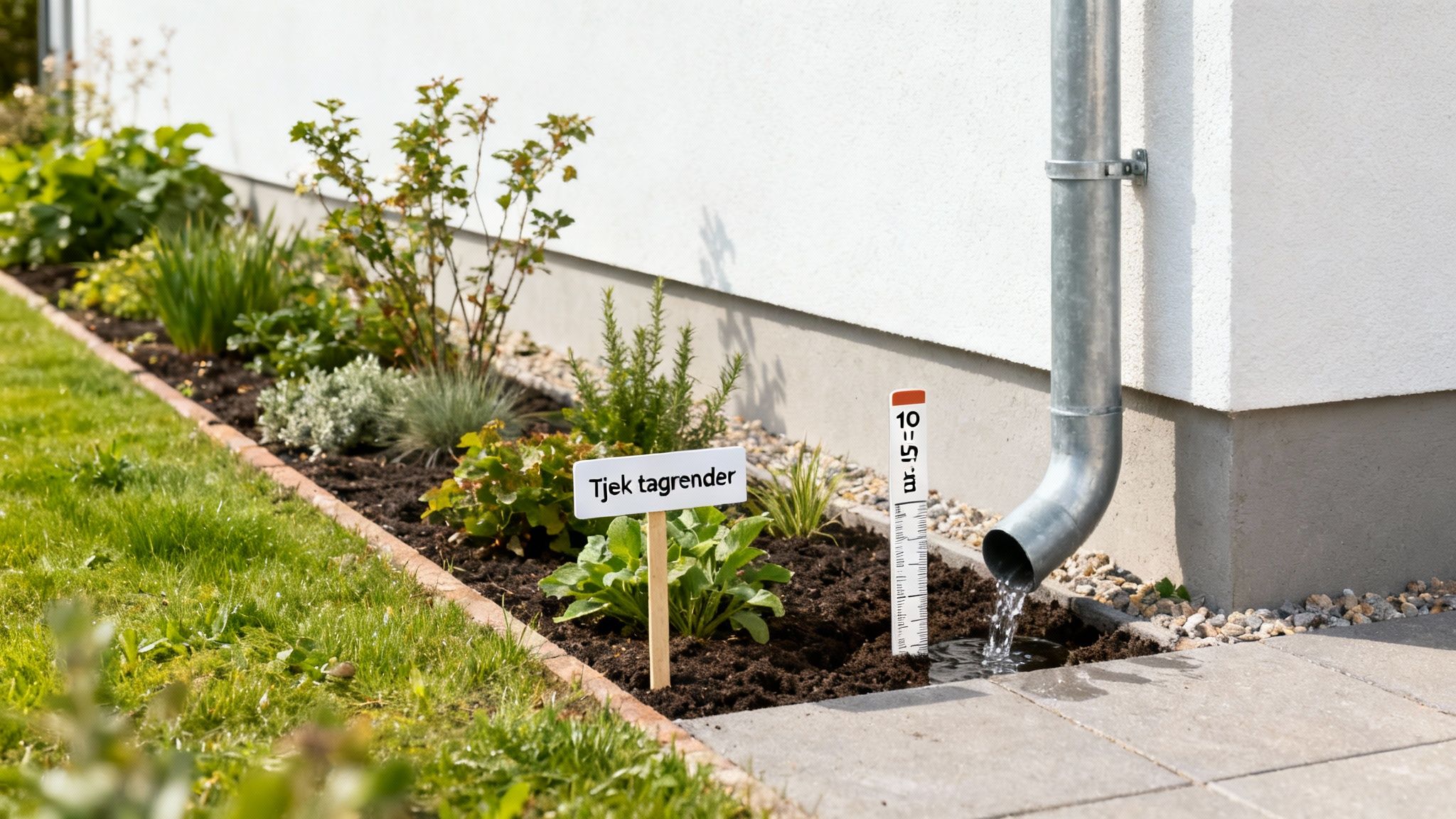 Havebed med nedløbsrør fra tagrende, der vander planter. Et skilt siger 'Tjek tagrender'.