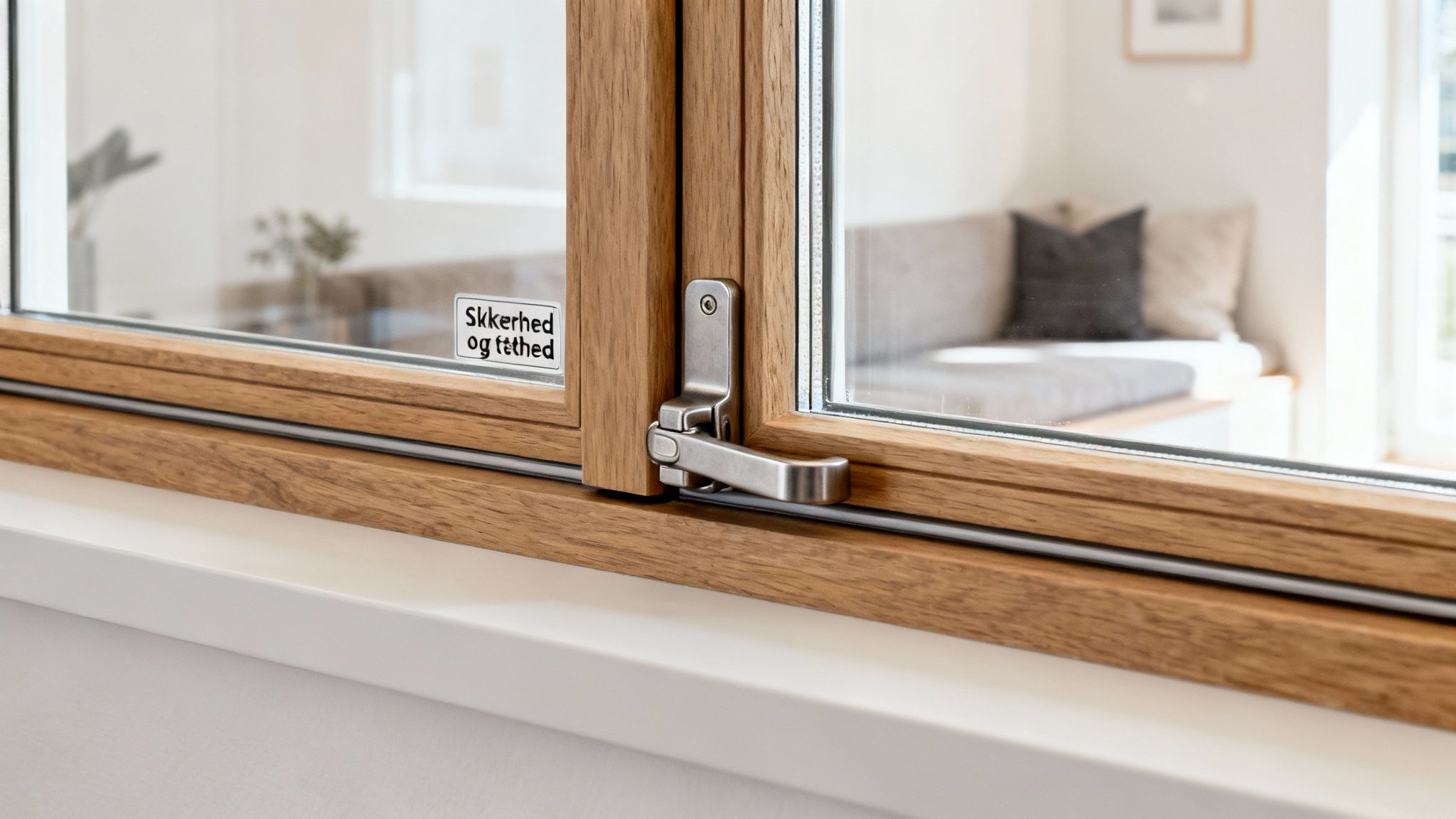 Nærbillede af et trævindue med metalhåndtag og et klistermærke, der fremhæver sikkerhed og tæthed.