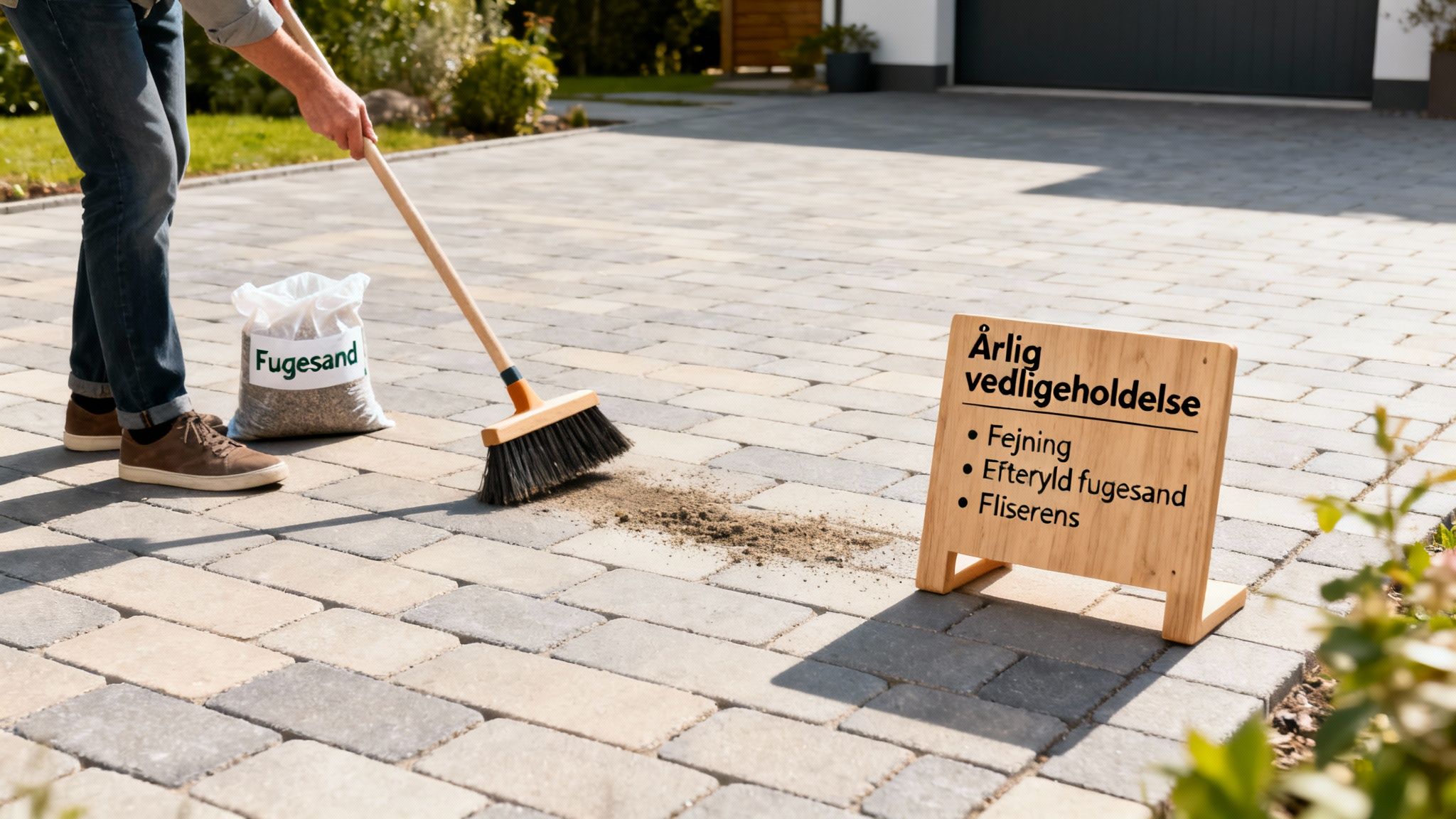 En person fejer en indkørsel med belægningssten, ved siden af en pose fugesand og et skilt med vedligeholdelsestips.