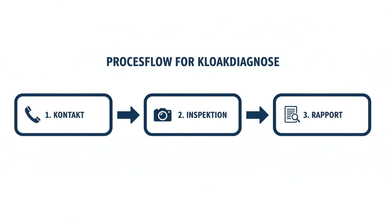 Et procesflowdiagram, der viser tre trin for kloakdiagnose: kontakt, inspektion og rapport.