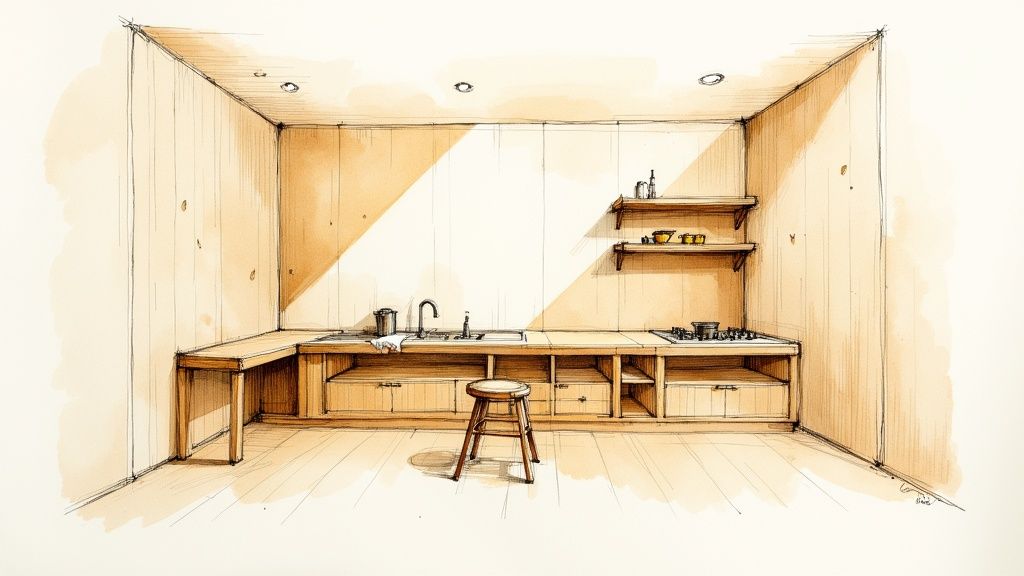 Skitseret moderne køkken i træ med disk, vask, komfur, hylder og skammel, ideelt for inspiration.