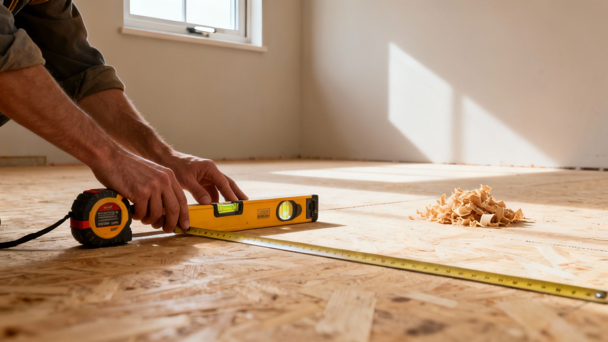 Hænder måler et trægulv med målebånd og vaterpas under gulvinstallation.