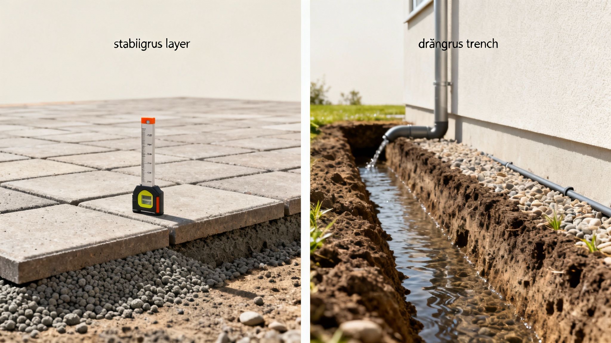 Stabilgrus fundament med betonfliser og drængrender ved husets facade til effektiv vandafledning