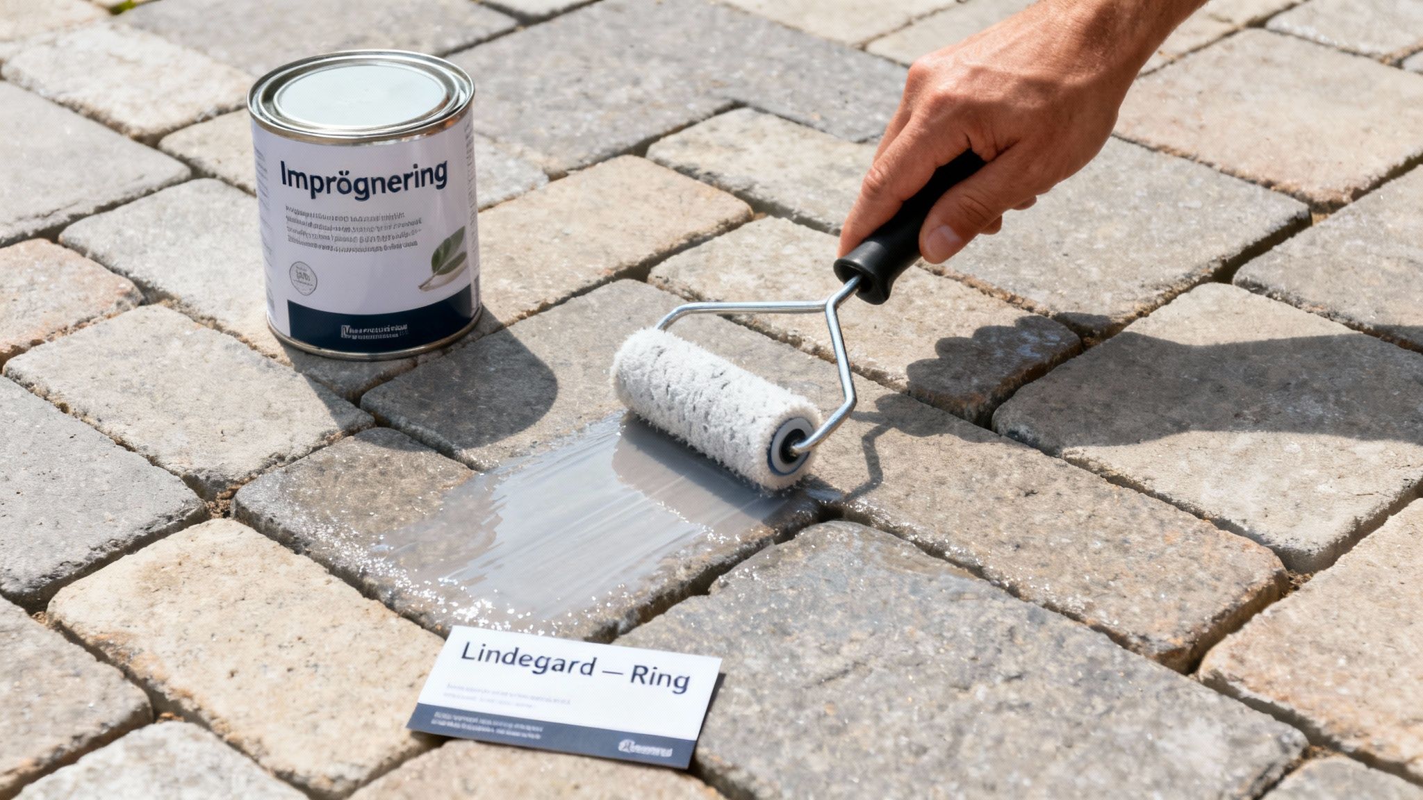 En person imprægnerer udendørs fliser med en rulle og imprægneringsmiddel for beskyttelse.