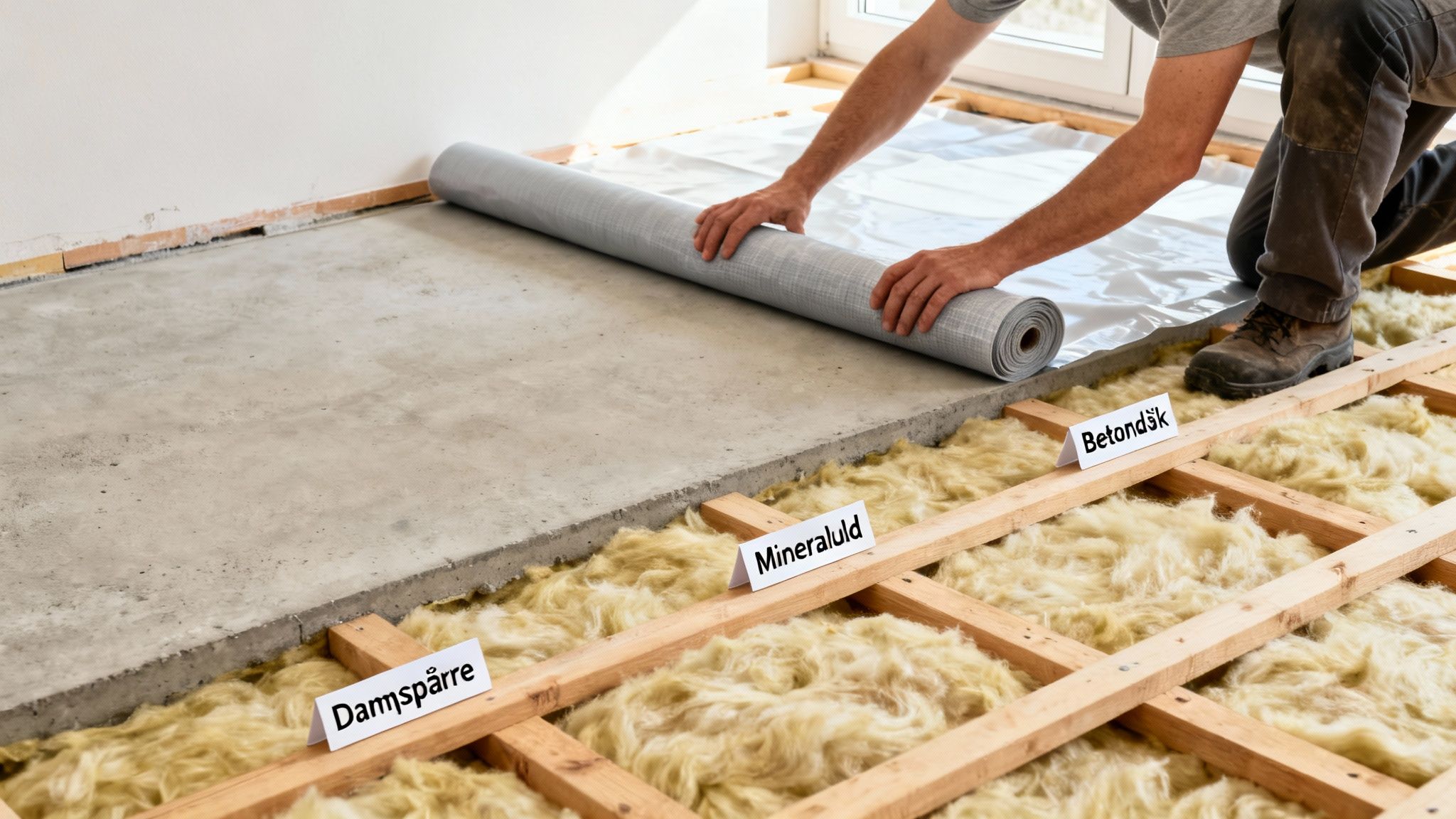 En person ruller en dampspærre ud over et betondæk, med mineraluld og strøer synlige under gulvet.