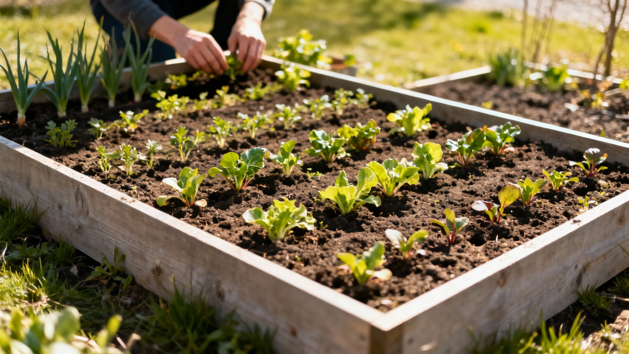 En person fylder jord i et nyligt bygget højbed af træ i en have