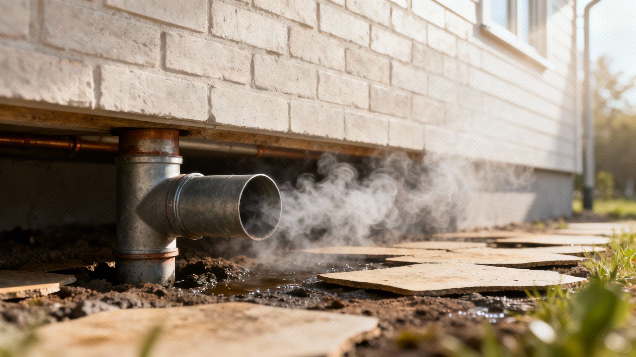 Et kloakrør under et hus, der inspiceres med specialudstyr