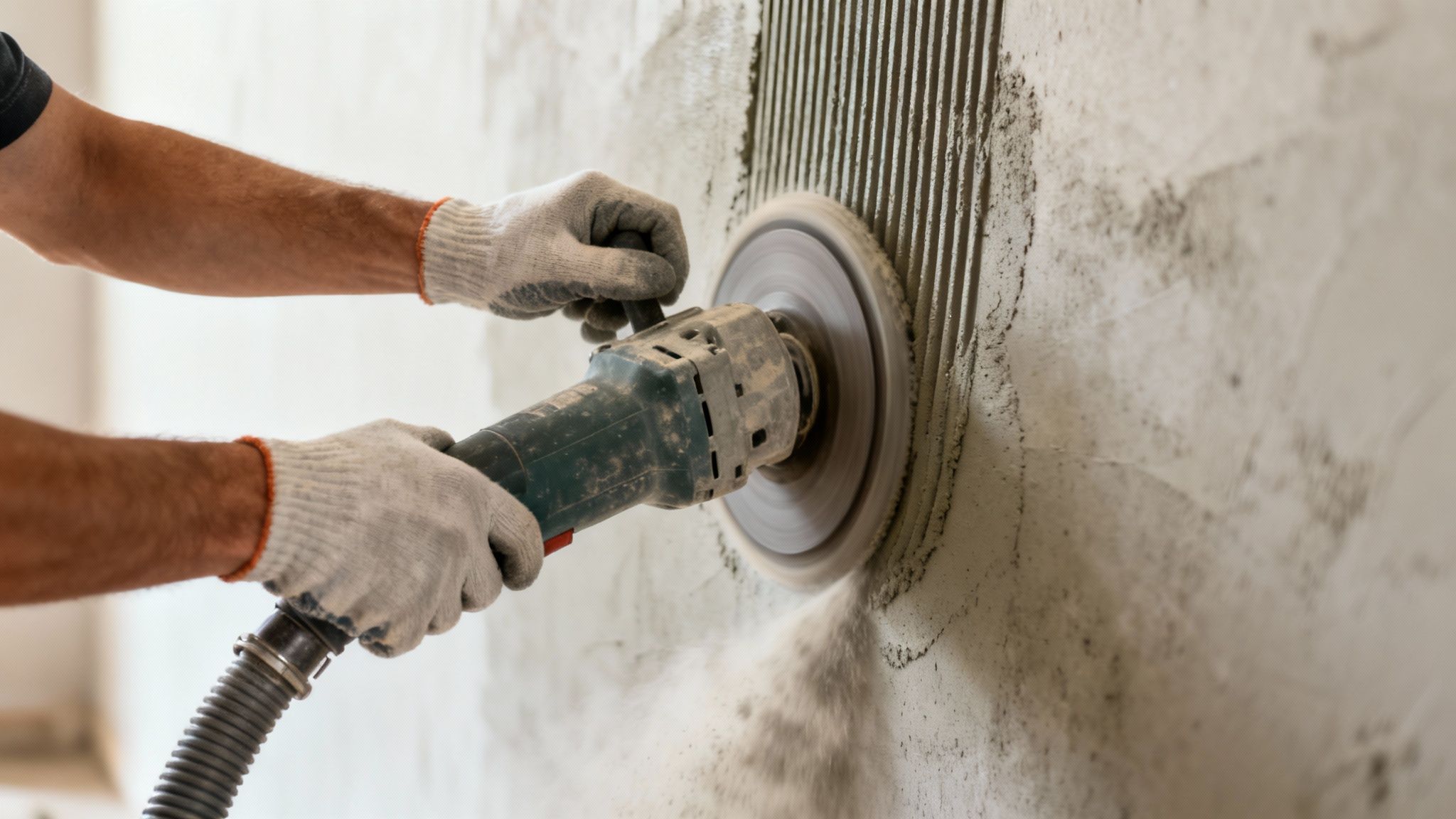 En arbejder med handsker sliber en betonvæg med en vinkelsliber, der skaber støv. Væggen forberedes til flisebelægning.