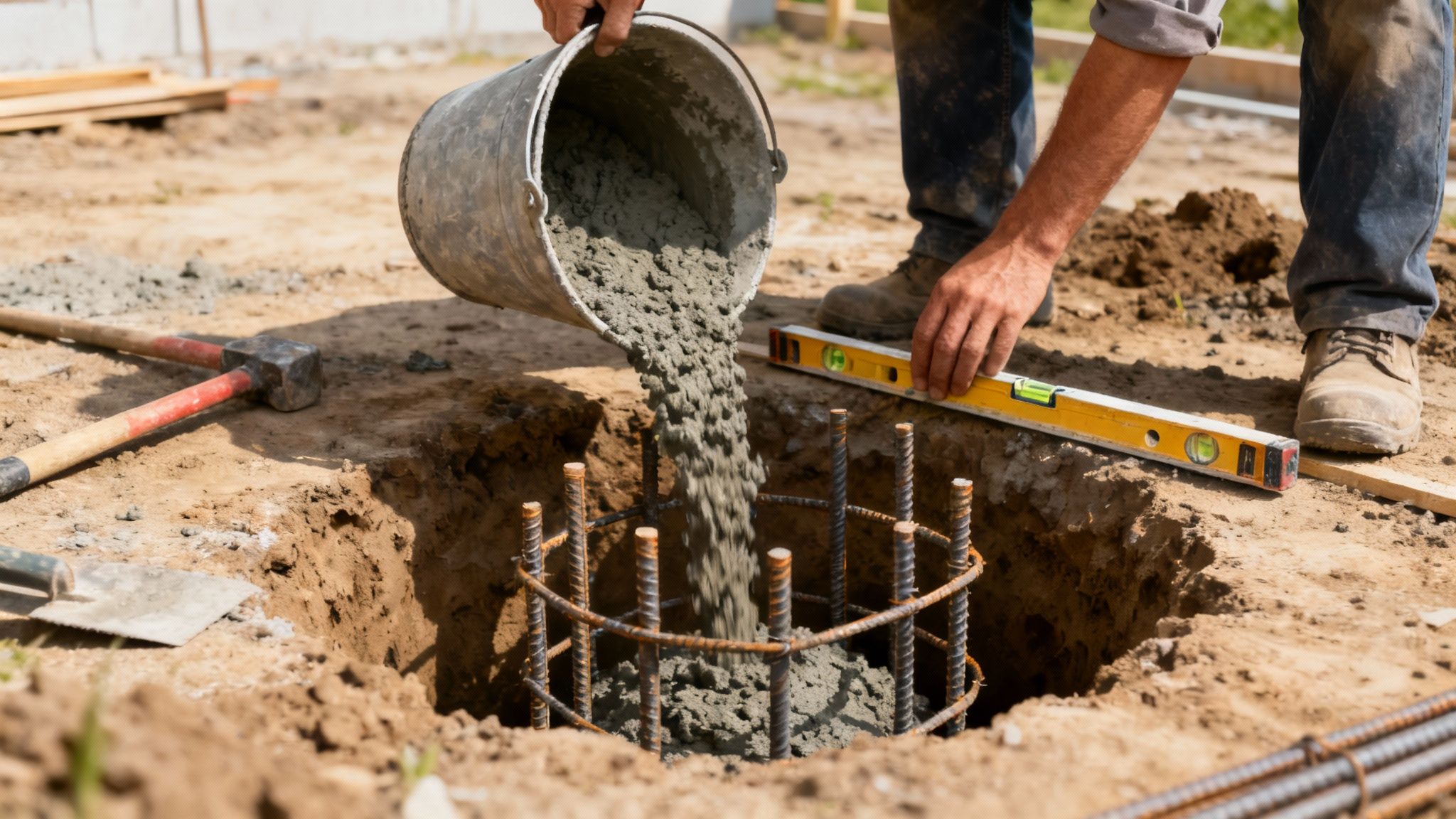 En person i gang med at støbe et punktfundament til en terrasse.