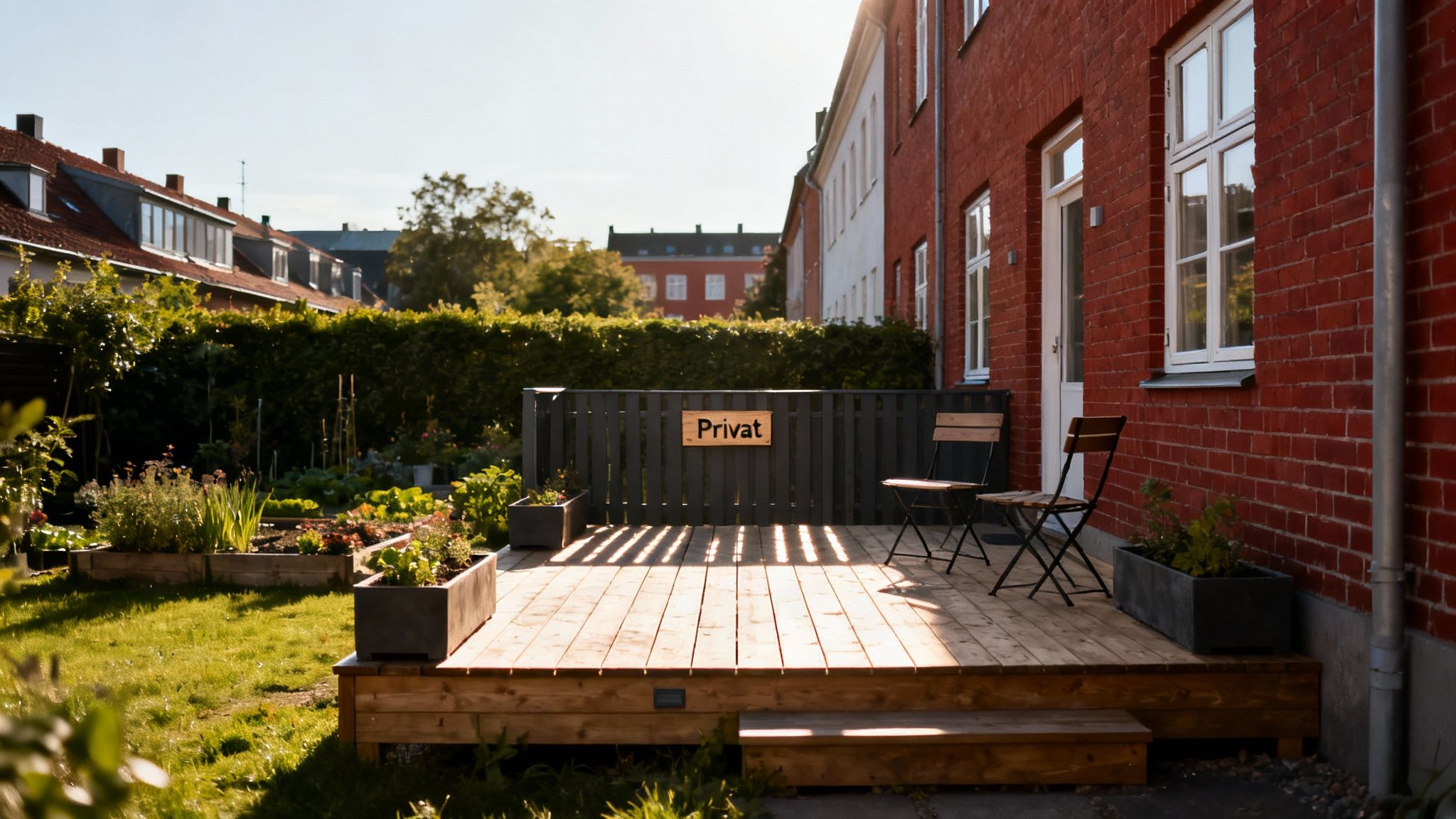 En solrig træterrasse med have, hegn og et "Privat" skilt foran et rødt murstenshus.