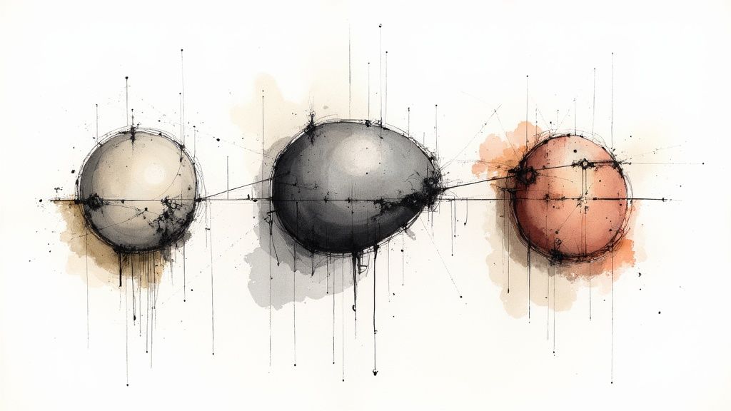 Tre abstrakte, farvede kugler i akvarel- og blækstil på hvid baggrund med tekniske linjer.